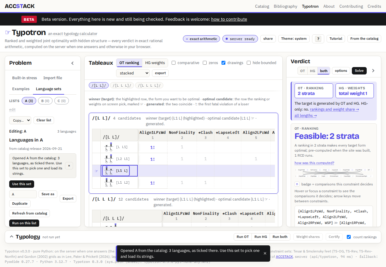 Typotron after the hand-off: the Problem pane on the Language sets tab with the pills A (3), B (0), C (0), the note Opened A from the catalog: 3 languages, the Editing row, and the buttons Use this set and Run on this list; the masthead has a From the catalog button.