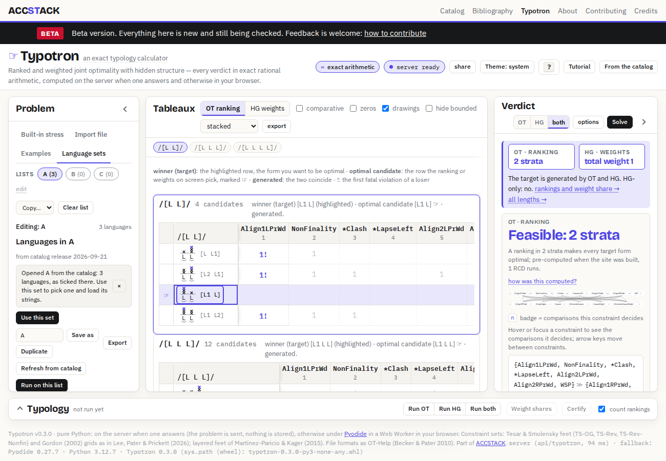 The Language sets panel scrolled to its language list: three rows, Finnish (fixed, QI, 6 strings, lengths 2-7), Malayalam (weight, QS, 14 strings, 14 of the 28 QS inputs) and Mandarin (tonal, 0 strings), each with a tick, a freeze button and a remove button.
