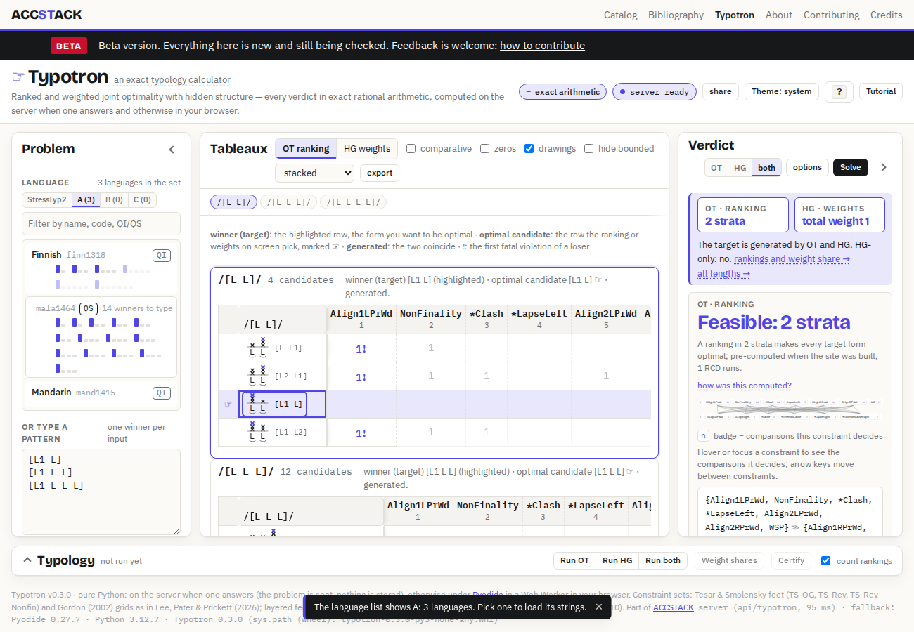 The Built-in stress tab after Use this set: the Language section shows the source pills StressTyp2, A (3), B (0), C (0) with A chosen, and three cards, Finnish, Malayalam and Mandarin.