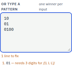 The pattern box with the lines 10, 01 and 0100 and an orange status naming the line to fix.