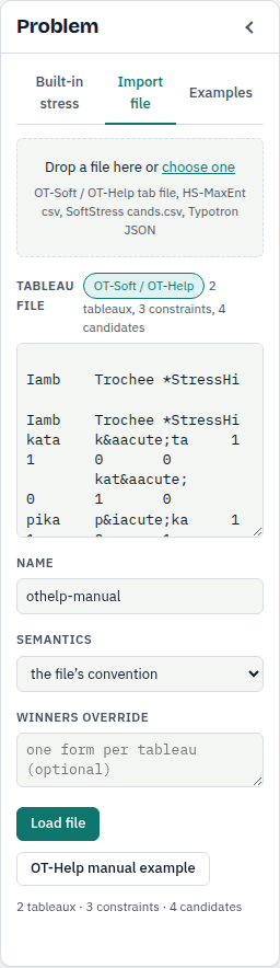 The Import file tab: a dashed drop zone, the Tableau file box holding the OT-Help manual example with its format badge and counts, the Name field, the Semantics menu, the Winners override box, and the buttons Load file and OT-Help manual example.
