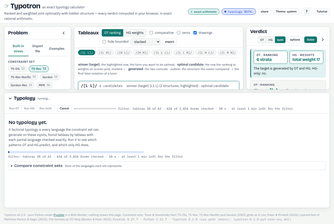 The page with the Typology drawer open during a run: the drawer head has a Cancel button, a progress bar and the progress line, which reads filter: tableau 28 of 62, 624 of 3,824 forms checked, 18 s, at least 1 min left for the filter.